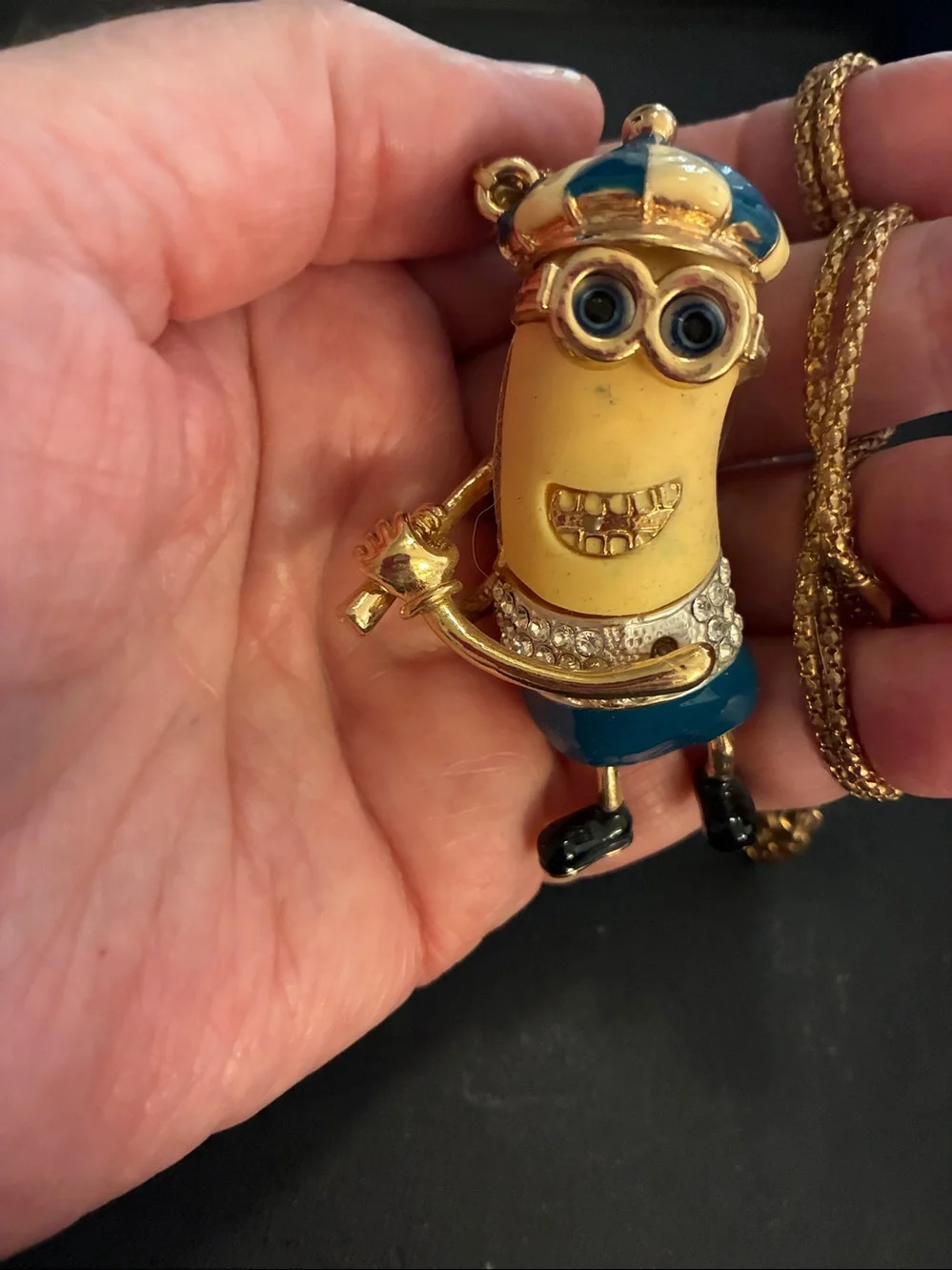 Minion Golfer Pendant Necklace Gold-Tone in Yellow & Blue NWOT